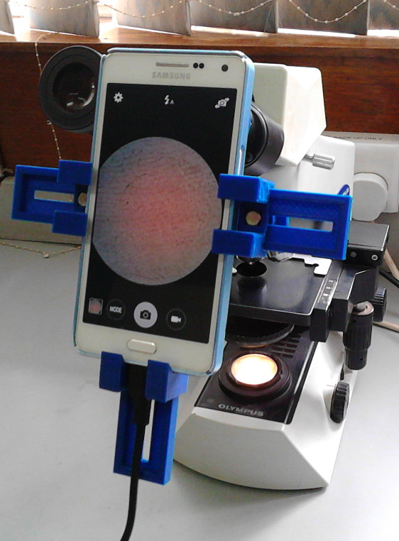 A microscope fitted with the Lab-designed smartphone mount